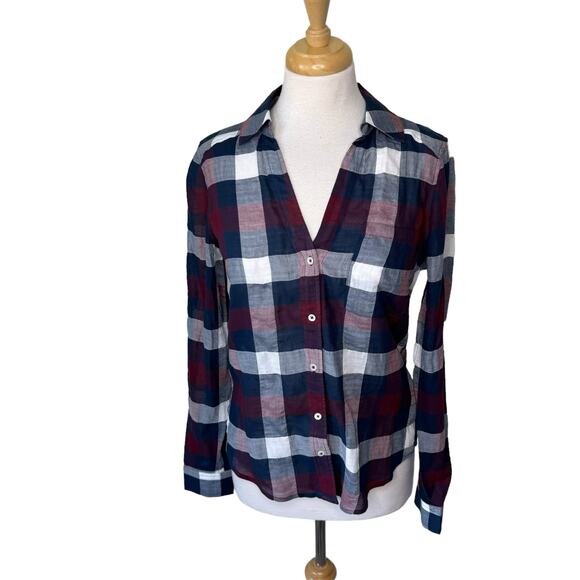 PAIGE Neve Button-Down Plaid Shirt  Burgundy Size SMALL NWT - Picture 2 of 13